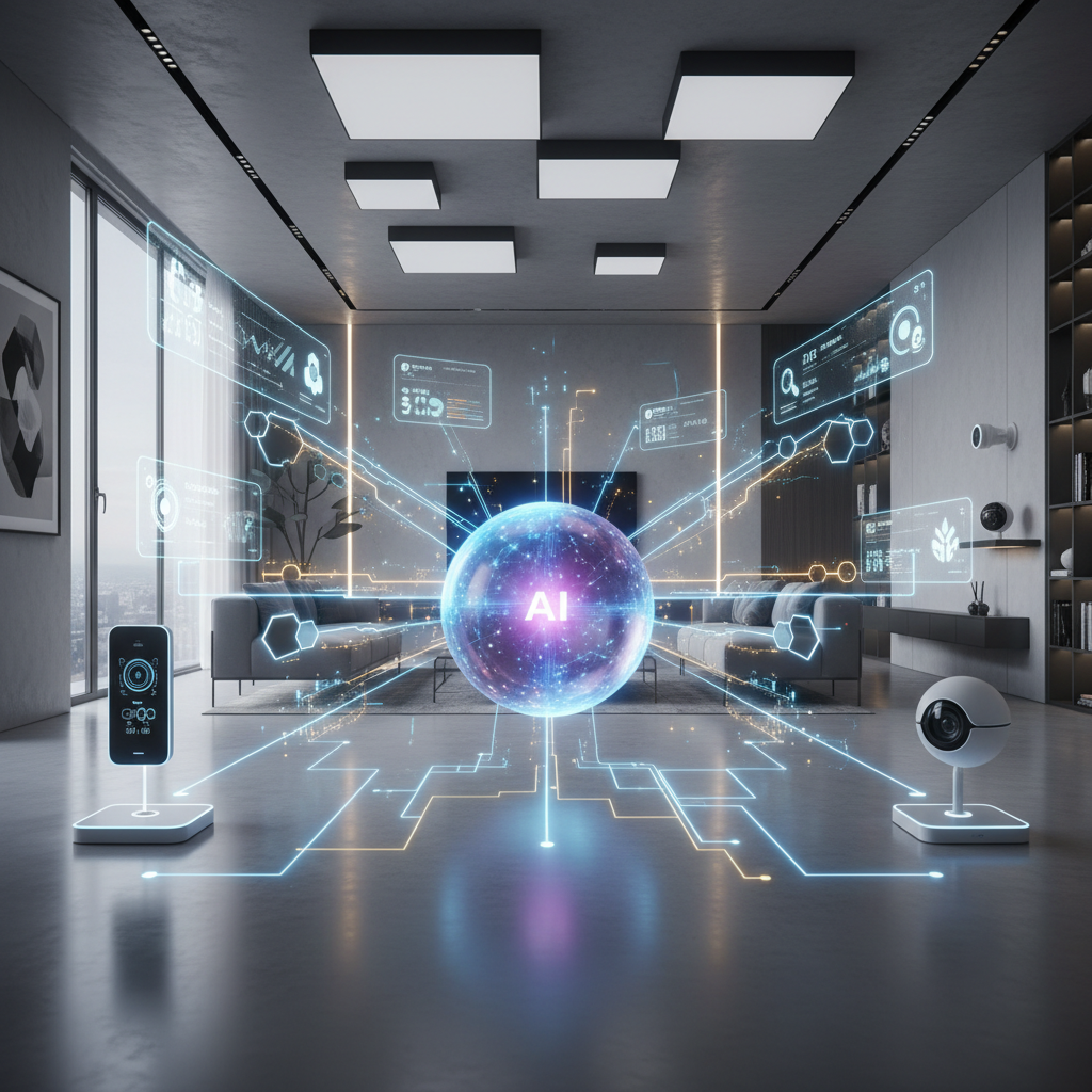 Conceptual image illustrating the interaction between AI and IoT in a smart home. A central glowing orb (representing AI) is connected via light beams to various stylized IoT devices (smart lights, sensors, thermostat, camera) arranged around it in a modern home setting. Data flows visually between them, emphasizing the 'brain' and 'senses' analogy. Clean, futuristic UI elements. Digital art, high-tech aesthetic.