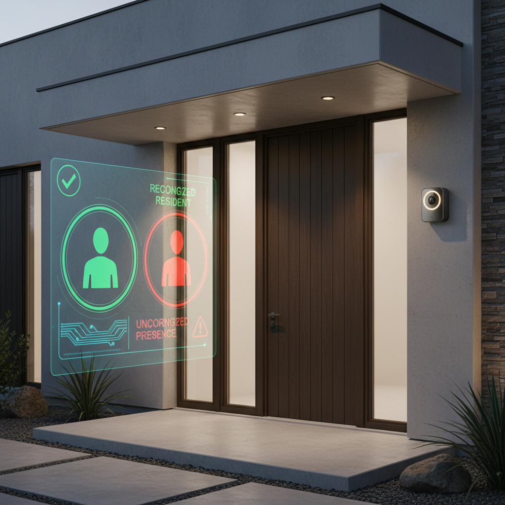 Scene illustrating proactive home security. A high-tech smart camera is mounted near a front door, subtly glowing. An AI interface is depicted, showing a detected person (anonymized silhouette) with a green checkmark for 'recognized resident' or a red alert for 'unrecognized presence'. The overall feel is secure and intelligent. Modern architecture, emphasis on privacy and safety. Professional photography, high resolution.