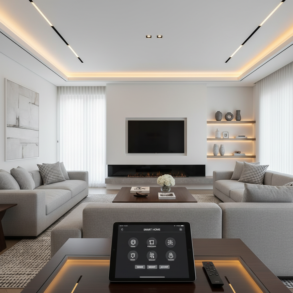 An elegant living room with integrated smart lighting, showcasing different light scenarios (warm, bright, accent lighting). A tablet on a coffee table displays smart home controls. The design is minimalist and sophisticated. Professional photography.