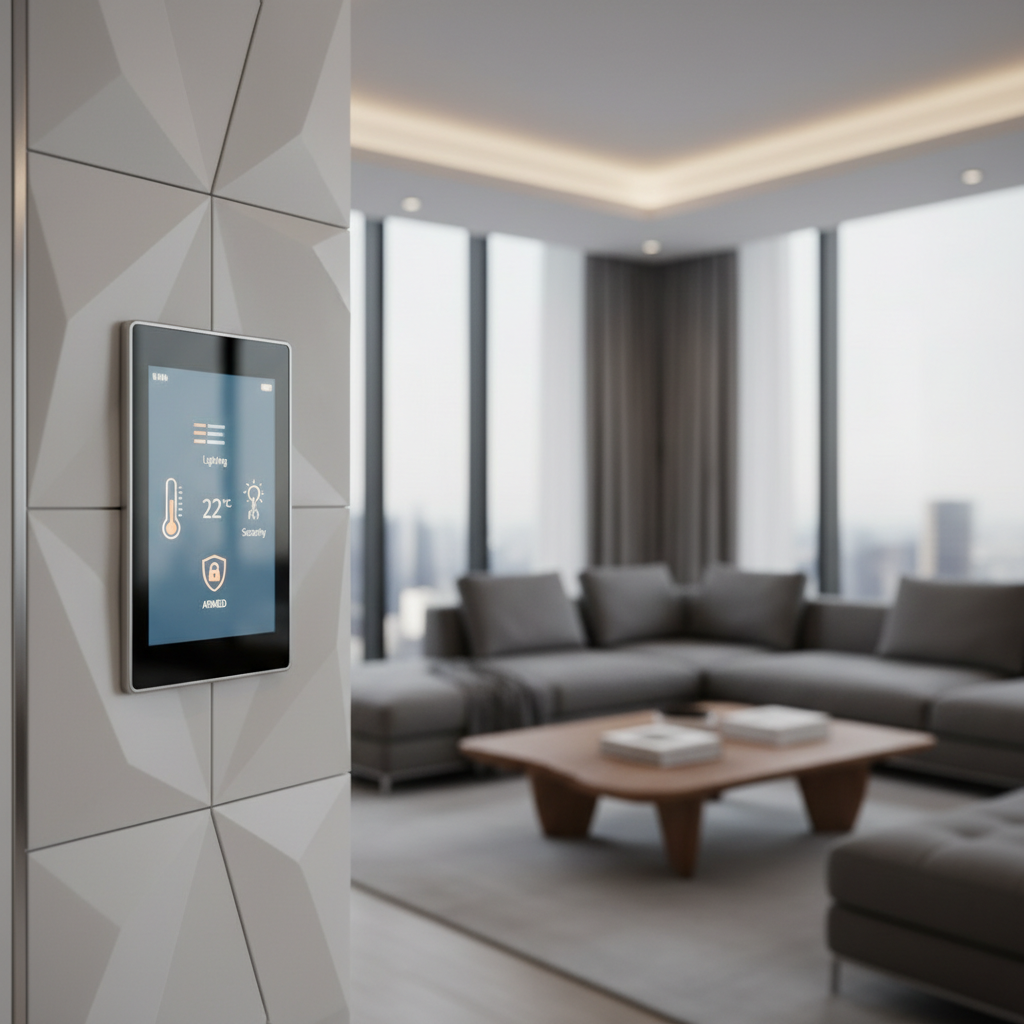 A close-up of a sleek, minimalist smart home control panel seamlessly integrated into a designer wall. The panel displays intuitive icons for lighting, climate, and security. The background shows a modern, stylish interior. Professional photography.