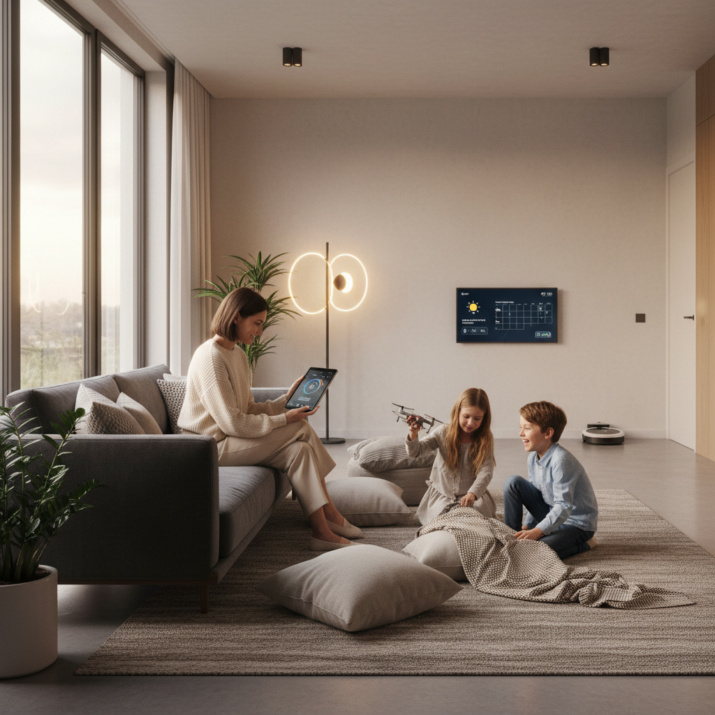 A family enjoying their smart home. A parent is adjusting the thermostat via a smartphone app while children play in a comfortable, well-lit living room. The scene emphasizes comfort, safety, and modern living. Professional photography.