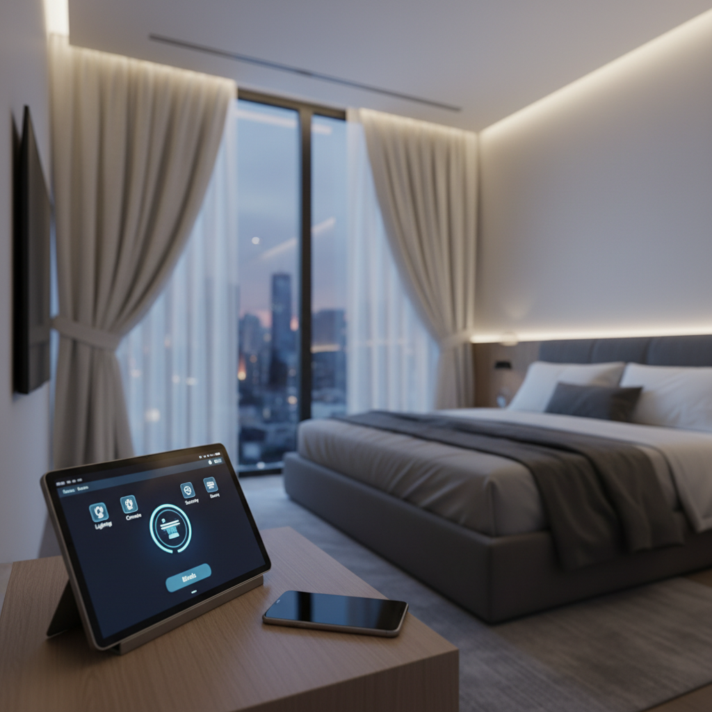 An interior shot of a contemporary smart home bedr