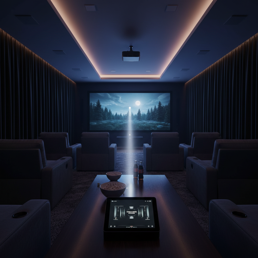 A modern living room transformed into a home cinem